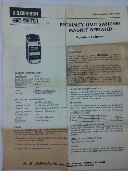 R.B.DENISON  SGO-8022 MAG OPERATED LIMIT SWITCH 6/60VDC, 100W.RES/IND, LOT OF 2