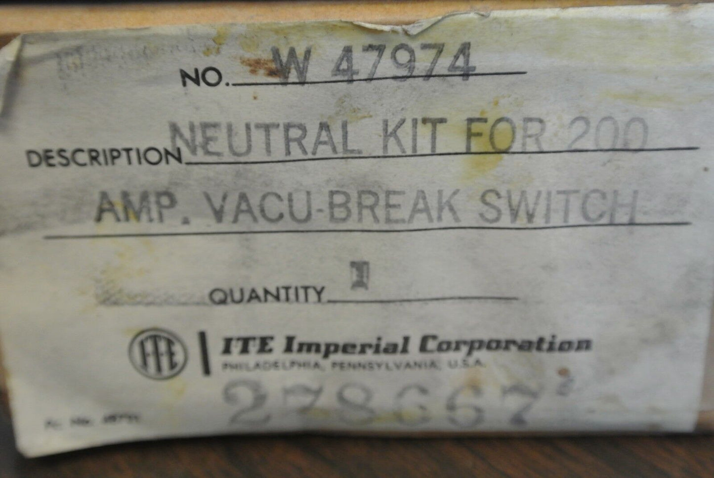 I-T-E W-47974 NEUTRAL KIT for 200 AMP VACU-BREAK SWITCH - 600V - NEW SURPLUS