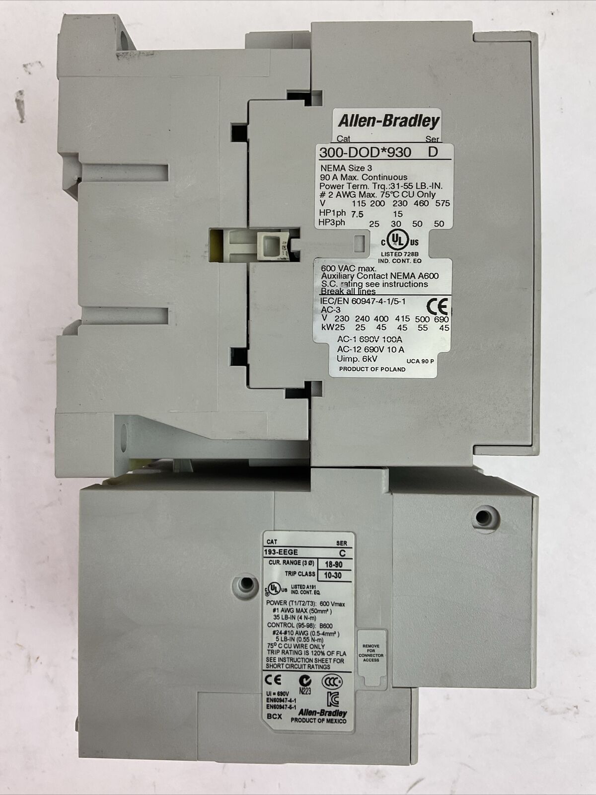 ALLEN BRADLEY STARTER (300-DOD*930 CONTACTOR COIL 24VDC 193EEGE OVERLOAD RELAY)