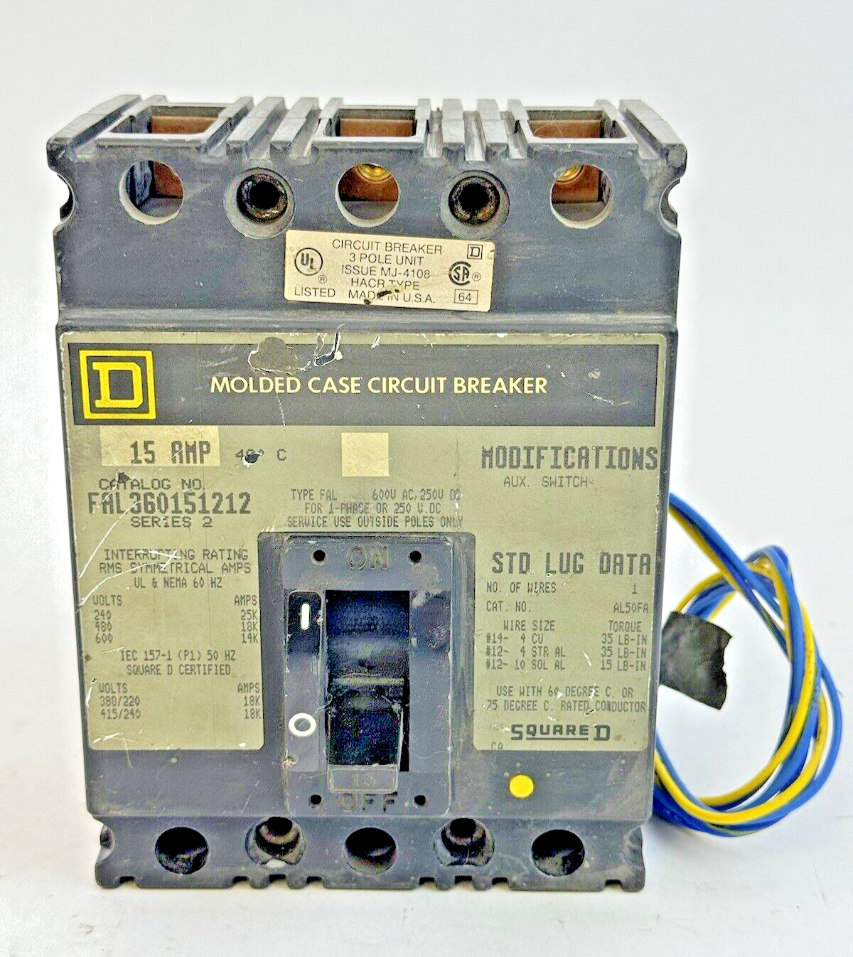 SQUARE D - FAL360151212 - CIRCUIT BREAKER W/ AUX SWITCH - 3 POLE/ 15 A/ 600 VAC
