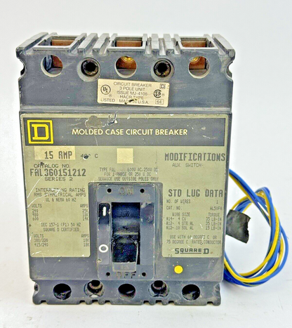 SQUARE D - FAL360151212 - CIRCUIT BREAKER W/ AUX SWITCH - 3 POLE/ 15 A/ 600 VAC