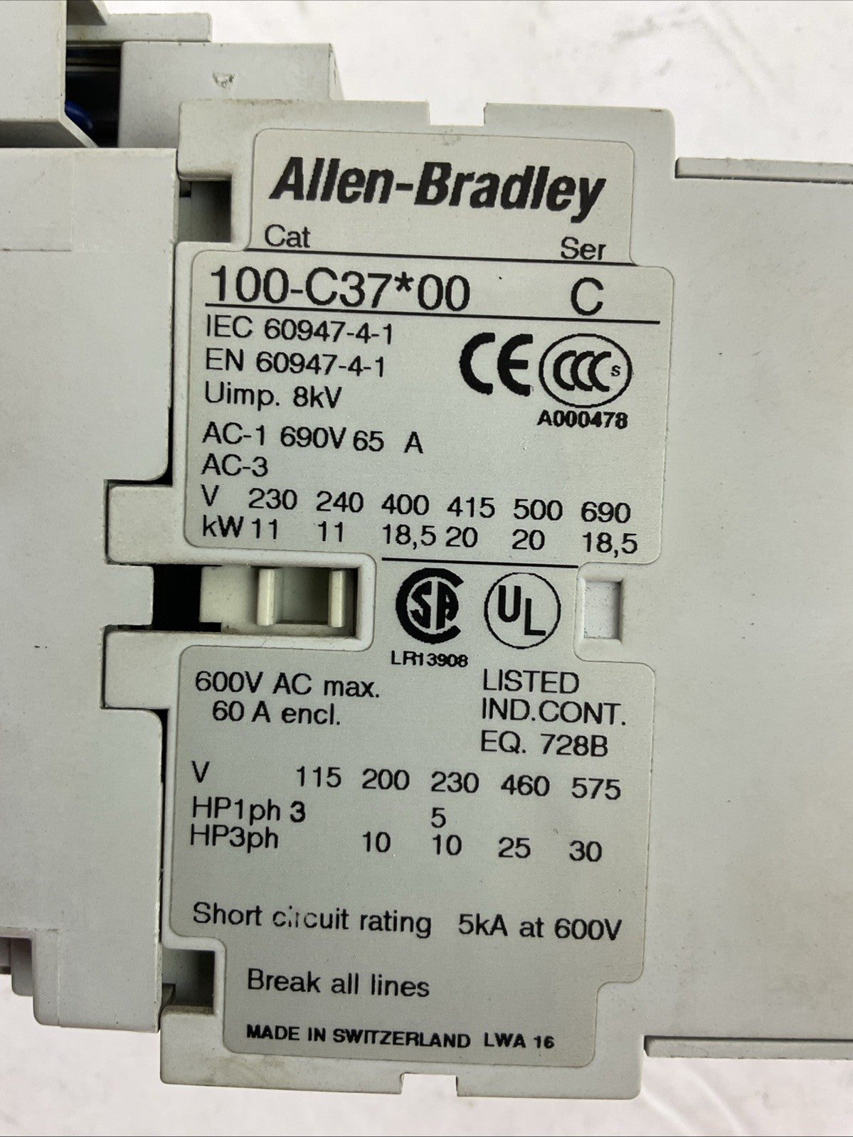 ALLEN BRADLEY 100-C37*00 SER C CONTACTOR 600VAC 60A COIL 120V 100-F 100-FSV136