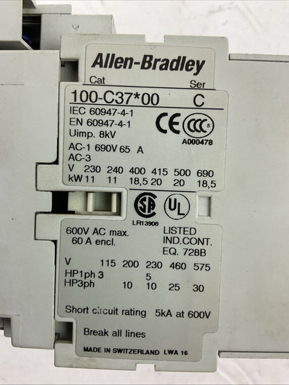 ALLEN BRADLEY 100-C37*00 SER C CONTACTOR 600VAC 60A COIL 120V 100-F 100-FSV136