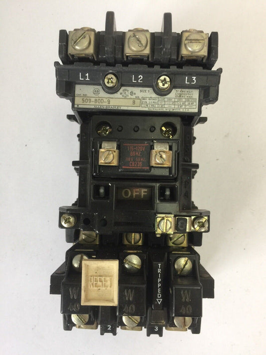 ALLEN BRADLEY 509-BOD-9 SIZE1 STARTER 600VAC 27AMP 10HP W40 HEATERS 120V COIL