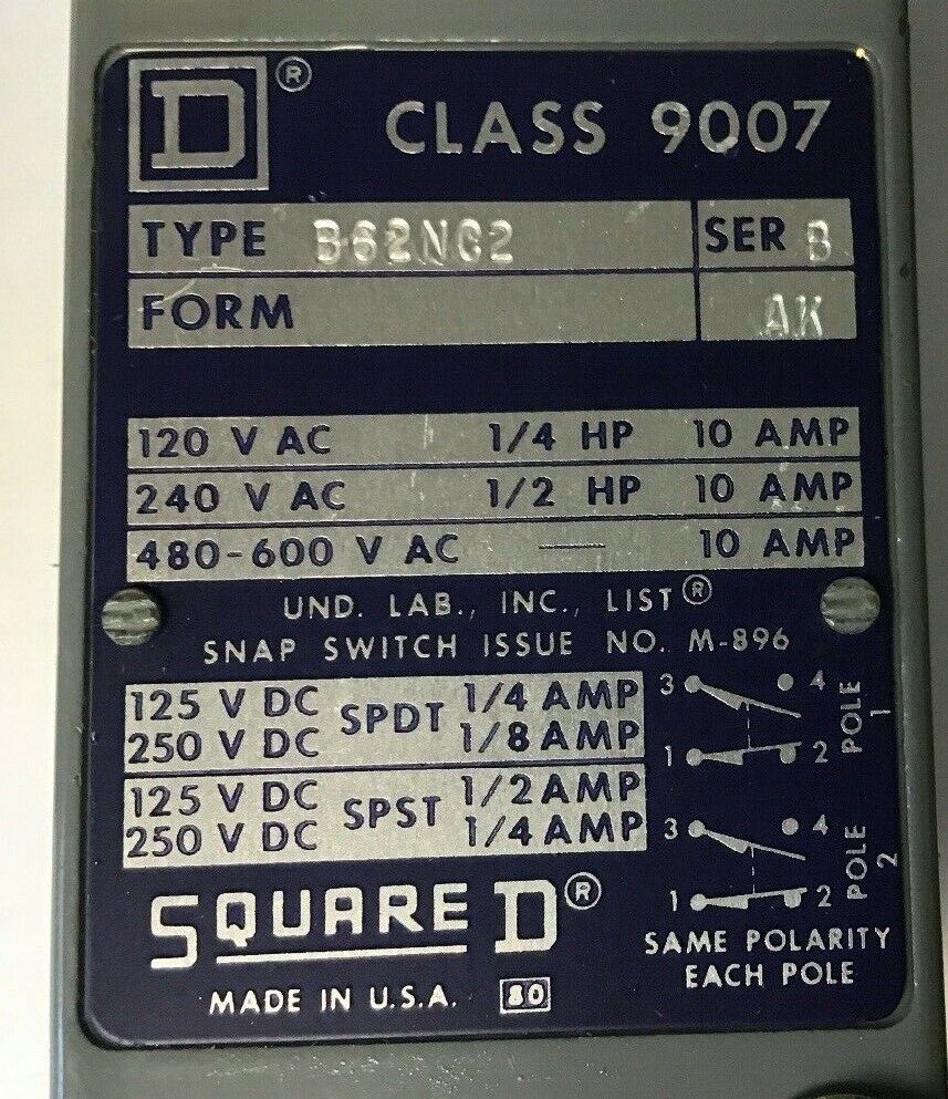 SQUARE D CLASS 9007 B62NC2 SER.B LIMIT SWITCH