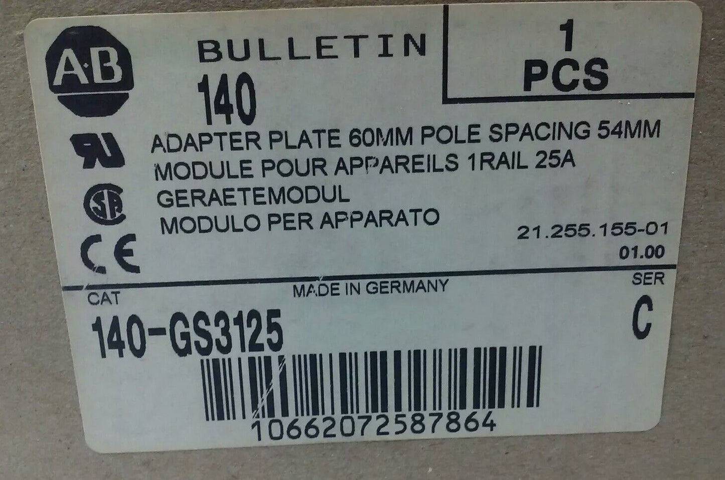 ALLEN BRADLEY 140-GS3125 CONTACTOR RELAY SWITCH,60MM 54MM,600V 25A W/ 140-S2-25