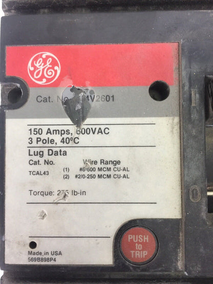 GE TJ4V2601 INDUSTRIAL CIRCUIT BREAKER 150A 600VAC 3POLE T4VTG VERSA TRIP 600VAC