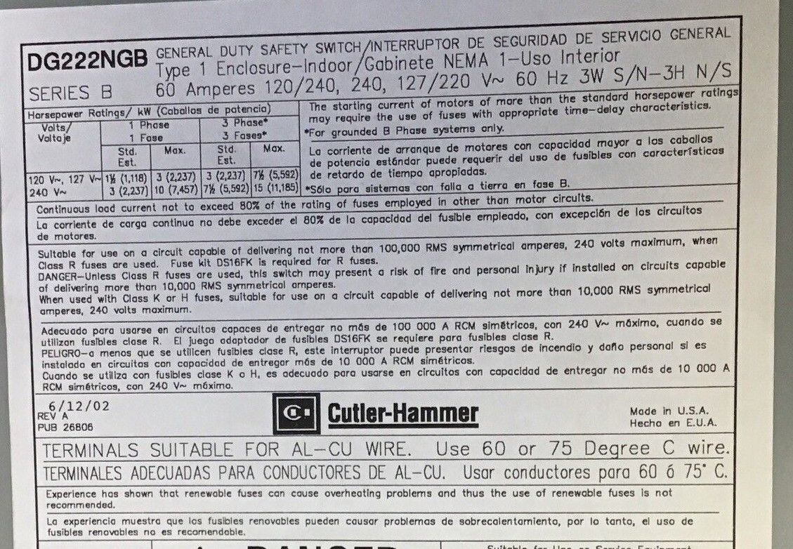 CUTLER HAMMER DG222NGB GENERAL DUTY SAFETY SWITCH 60A 240V INDOOR