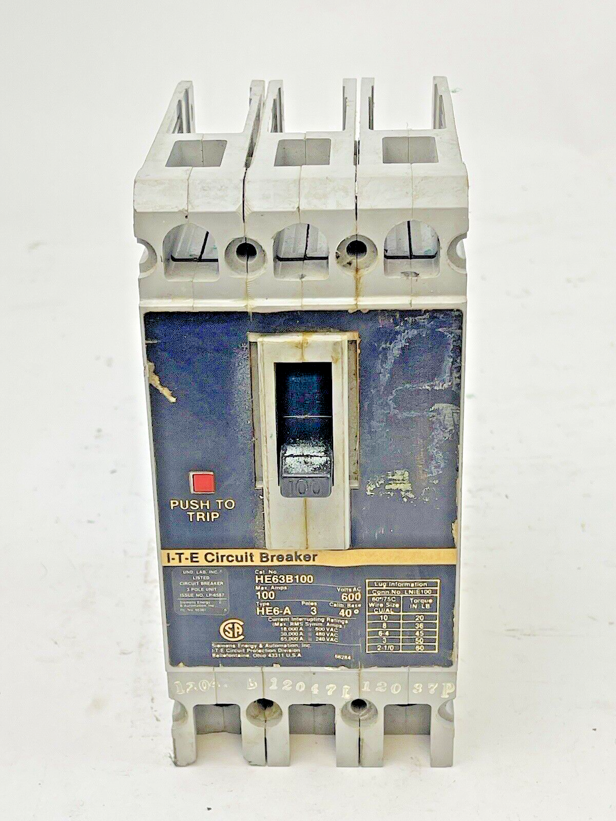 SIEMENS - HE63B100 - CIRCUIT BREAKER - 100 A, 600 VAC, 3 POLE - TYPE HE