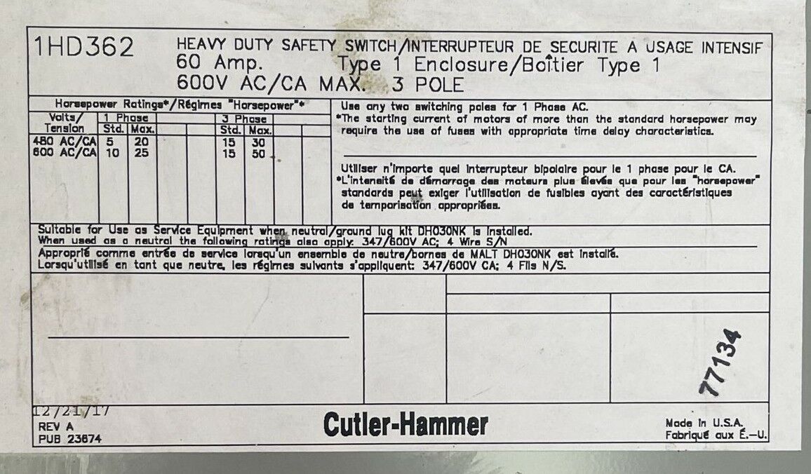 CUTLER HAMMER 1HD362 FUSIBLE SAFETY SWITCH 60A 600VAC 3POLE 3PH 50HP TYPE 1