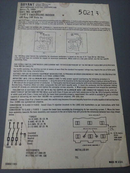 WESTINGHOUSE HFN323 NON FUSIBLE SAFETY SWITCH 100A 240V 3PH 30HP TYPE 1 INDOOR