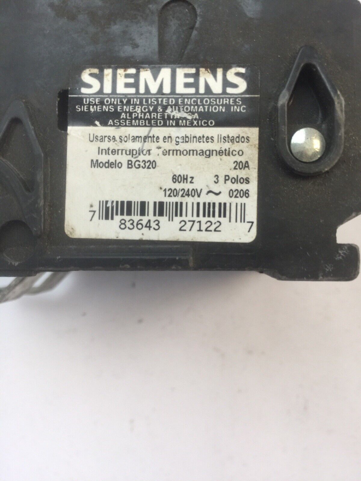 SIEMENS BG320 CIRCUIT BREAKER 3POLE 20AMP 120/240VAC