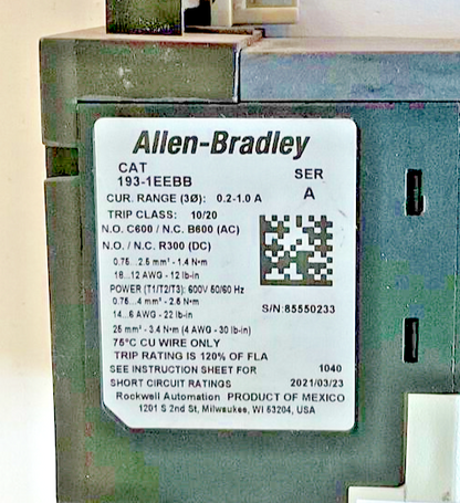 ALLEN BRADLEY 193-1EEBB OVERLOAD RELAY SER.A