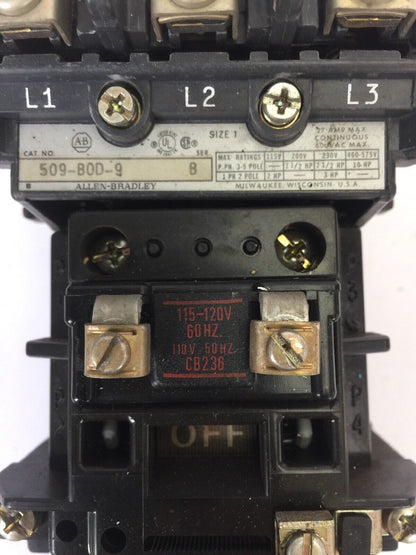 ALLEN BRADLEY 509-BOD-9 SIZE1 STARTER 600VAC 27AMP 10HP W40 HEATERS 120V COIL
