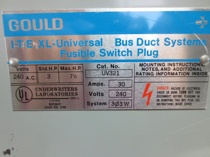 I-T-E GOULD UV321 BUS PLUG / FUSIBLE SWITCH - 30A, 240VAC, 3P, 3W