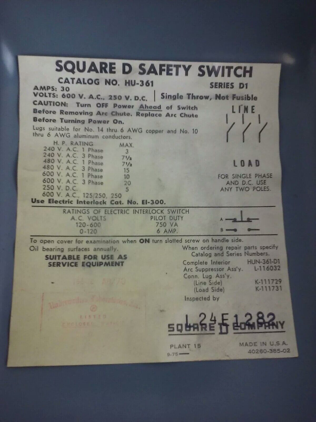 SQUARE D HU361 SER. D1 SAFETY SWITCH 30A 600VAC 250VDC NON FUSIBLE INDOOR