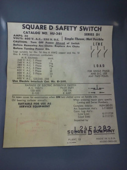 SQUARE D HU361 SER. D1 SAFETY SWITCH 30A 600VAC 250VDC NON FUSIBLE INDOOR