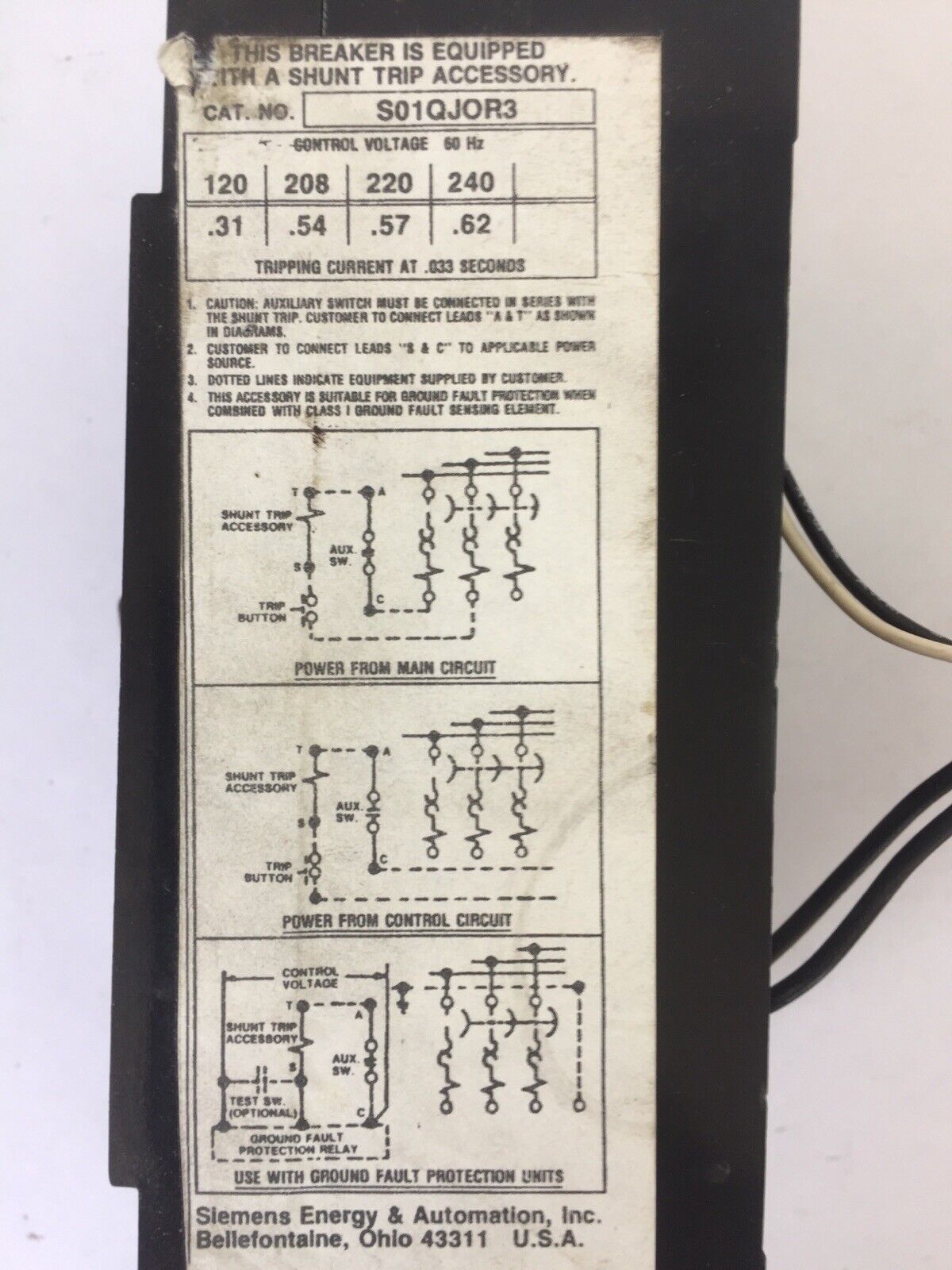 SIEMENS QJ23B225 CIRCUIT BREAKER 240VAC 225AMP 3POLE W/ S01QJOR3 SHUNT TRIP