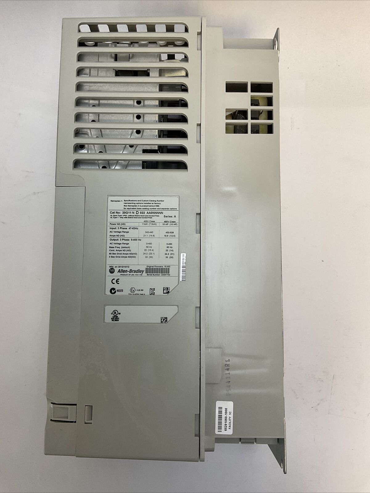 ALLEN BRADLEY 20G11ND022AA0NNNNN AC DRIVE SER A FIRMWARE 10.002 OUTPUT 0-460VAC