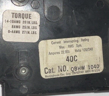 WESTINGHOUSE QBHW1040 CIRCUIT BREAKER 120/240VAC 40A 1POLE