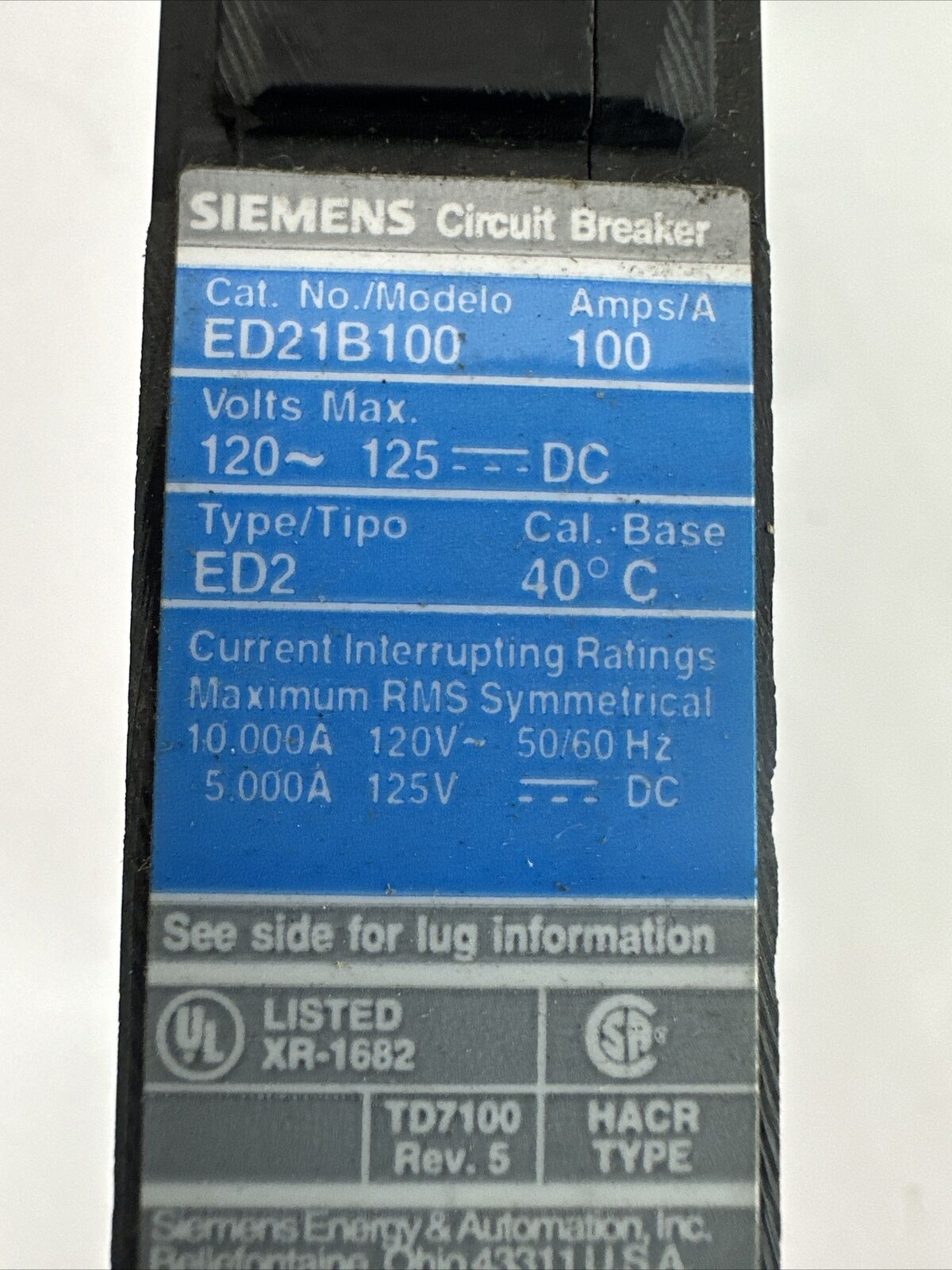 SIEMENS ED21B100 CIRCUIT BREAKER 120VAC 125VDC 100AMP 1POLE