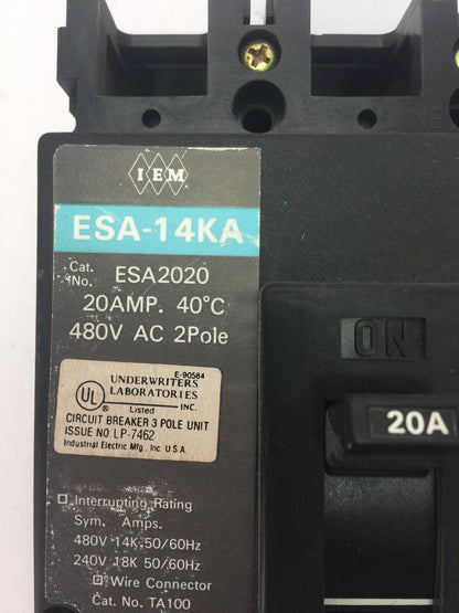 IEM ESA2020 CIRCUIT BREAKER 20AMP 480VAC 2 POLE INDUSTRIAL ELECTIC MFG