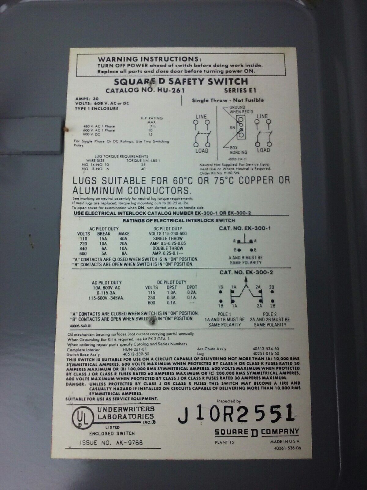 SQUARE D HU-261 SER E1 SAFETY SWITCH 600VAC/DC 30A SINGLE THROW NON FUSIBLE