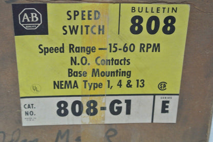 ALLEN-BRADLEY 808-GL1A1 Ser. E SPEED SWITCH 15-60 rpm, 808-GL1A1 - N.O. CONTACTS