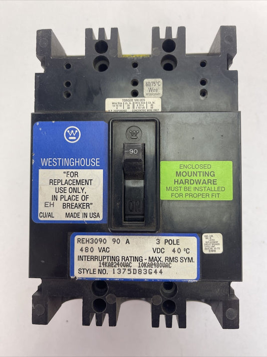 WESTINGHOUSE REH3090 CIRCUIT BREAKER 90AMP 3POLE 480VAC 1375D83G44
