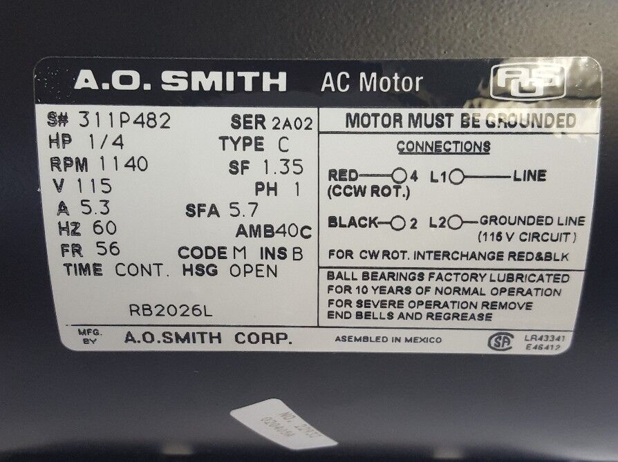 Century AO Smith RB2026L Split-Phase Resilient Motor, 1/4 HP, Split-Phase, 1140