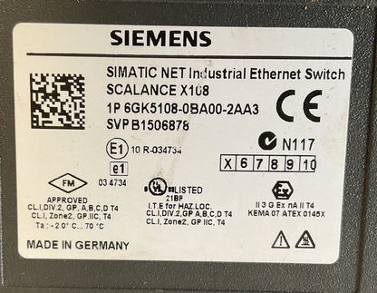 SIEMENS 108-0BA00-2AA3 ETHERNET SWITCH 24VDC  0.15A