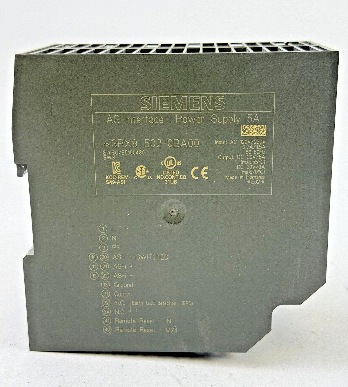 SIEMENS - 3RX9-502-0BA00 - AS INTERFACE POWER SUPPLY - 5A, 230 VAC, 50-60Hz