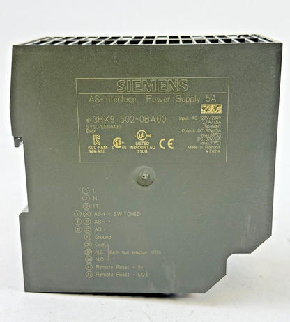 SIEMENS - 3RX9-502-0BA00 - AS INTERFACE POWER SUPPLY - 5A, 230 VAC, 50-60Hz