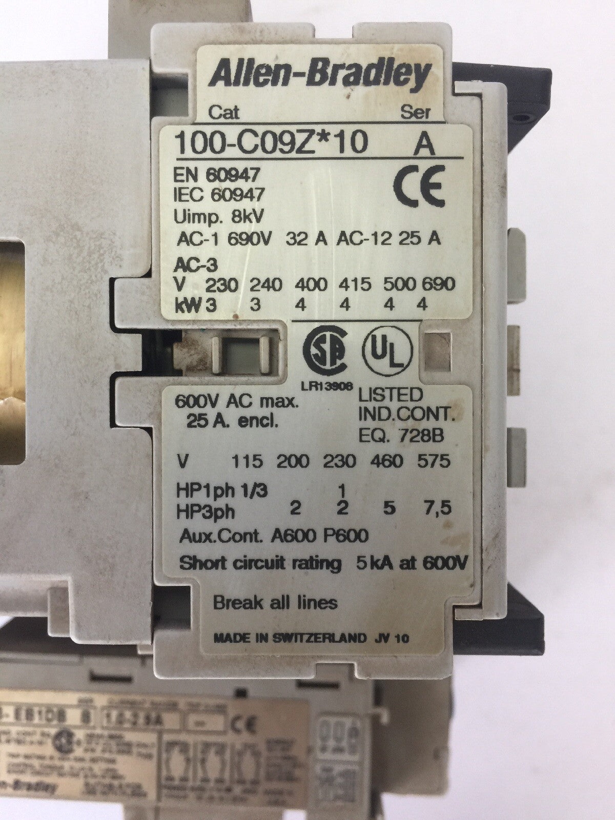 ALLEN BRADLEY 100-C09Z*10 REVERSING CONTACTOR 600VAC 25A COIL 24VDC 193-EB1DB