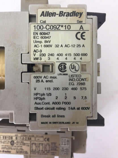 ALLEN BRADLEY 100-C09Z*10 REVERSING CONTACTOR 600VAC 25A COIL 24VDC 193-EB1DB