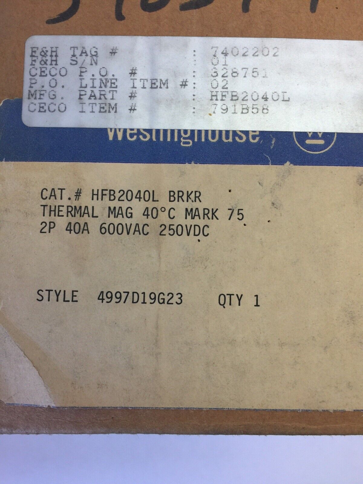 WESTINGHOUSE HFB2040L CIRCUIT BREAKER 40AMP 600VAC 250VDC 2POLE 4997D19G23