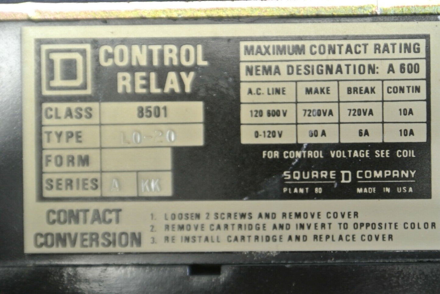 SQUARE D 8501 LO-20 / AC MAGNETIC RELAY / 110-120V/ 2 N.O. / 0 N.C. NEW SURPLUS