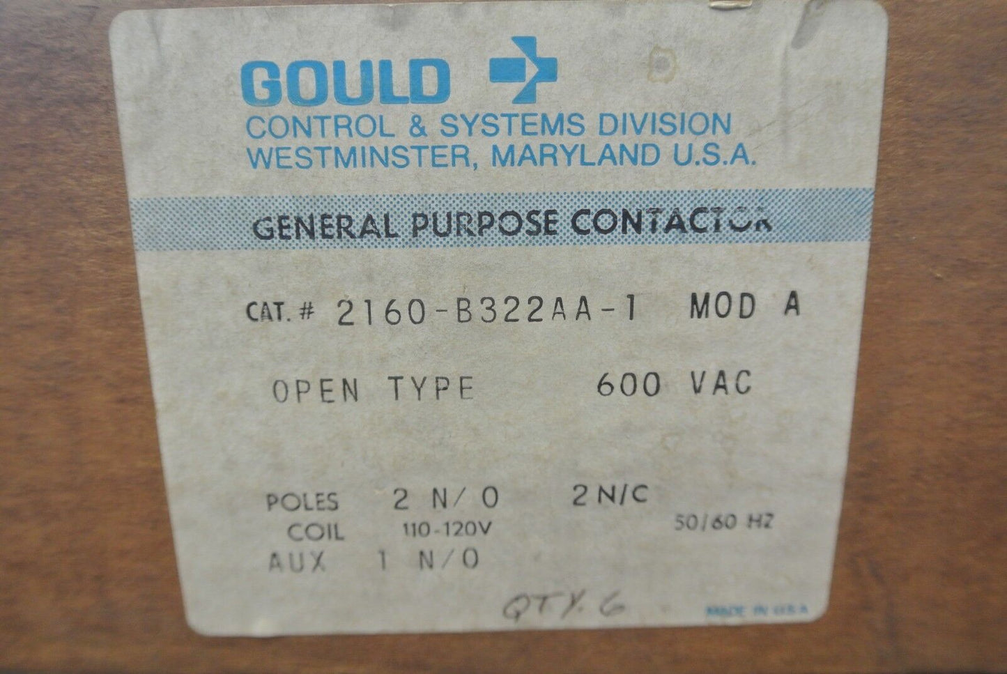 GOULD 2160-B322AA-1 GEN. PURPOSE CONTACTOR - 600VAC, 110/120V COIL- NEW SURPLUS