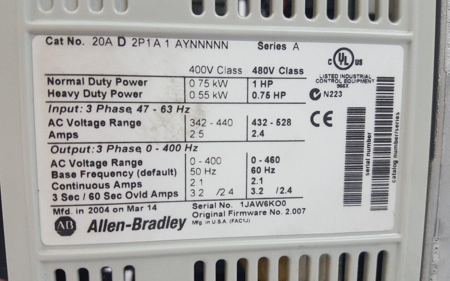 Allen-Bradley 20A D 2P1A 1 AYNNNNN 1HP Ser A Powerflex Drive
