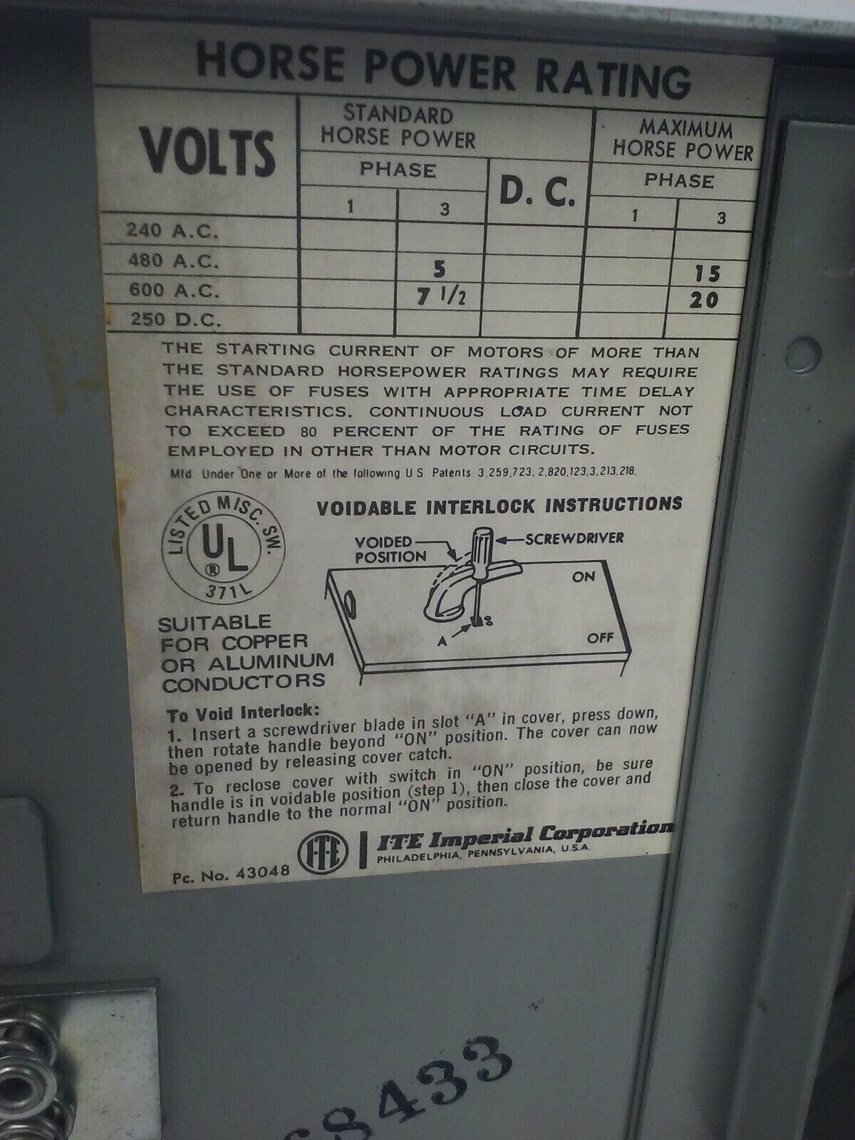 ITE V7E3611 TWIN PANNELBOARD VACU BREAK CLAMPMATIC SWITCH 3P 3PH 30A 600V 20HP