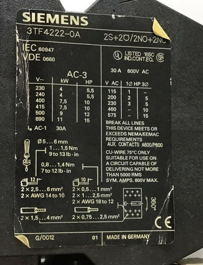 SIEMENS 3TF4222-0A CONTACTOR 600VAC 30A W/ 3UA52 00-2A OVERLOAD RELAY 10-16A