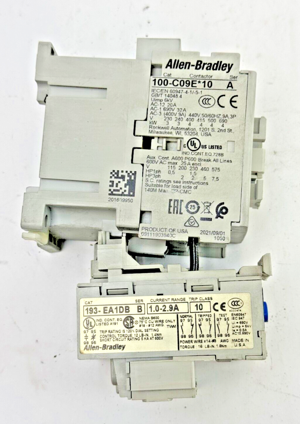 ALLEN-BRADLEY 100-C09D*10 SER. A CONTACTOR W 24VDC COIL & 193-EA1DB SER. B RELAY