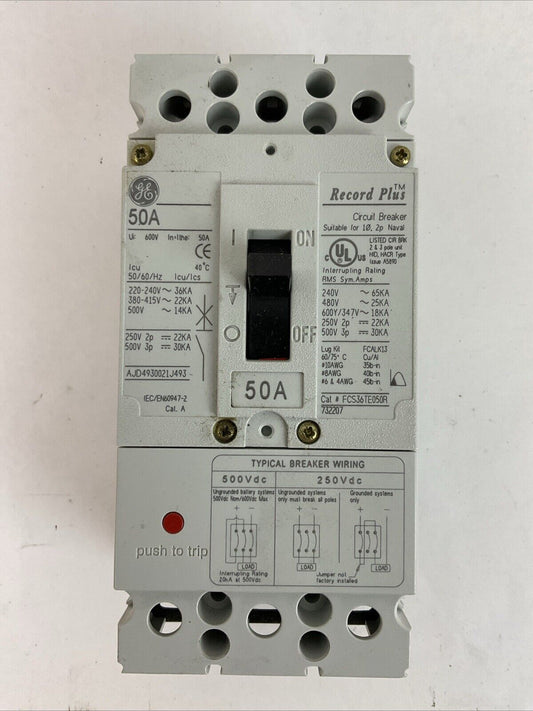 GE FCS36TE050R RECORD PLUS CIRCUIT BREAKER 50AMP 500VDC 600Y/347VAC 480VAC 3POLE