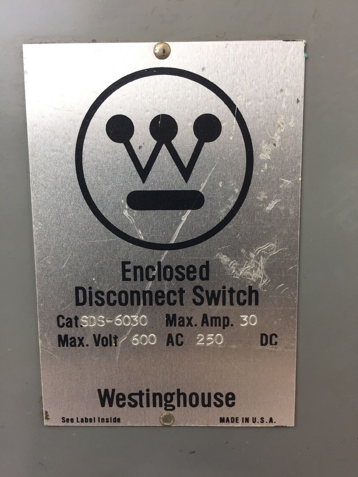 WESTINGHOUSE SDS-6030 30 MAX AMP MAX VOLT 600 AC 250 DC DISCONNECT SWITCH 6 POLE