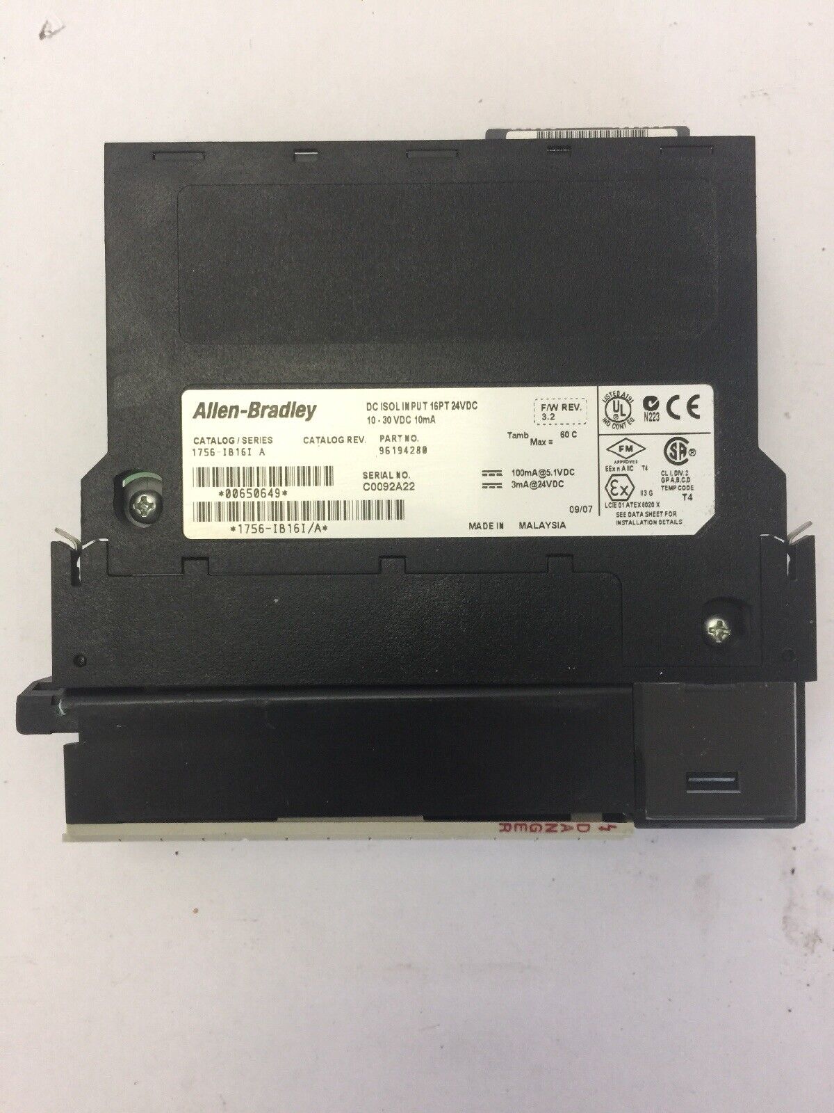 ALLEN BRADLEY 1756-IB16I DC ISOL INPUT MODULE 16PT 24VDC SER A F/W REV 3.2