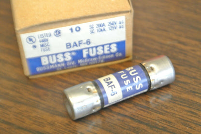 BOX of 10 / BUSS ~ BUSSMANN BAF-6 FUSE / 6A / 250V / NEW SURPLUS / BAF 6