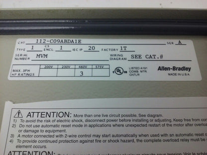 ALLEN BRADLEY 112-C09ABDA1E SER. A, COMBINATION MOTOR CONTROLLER, 3PH, TYPE 1