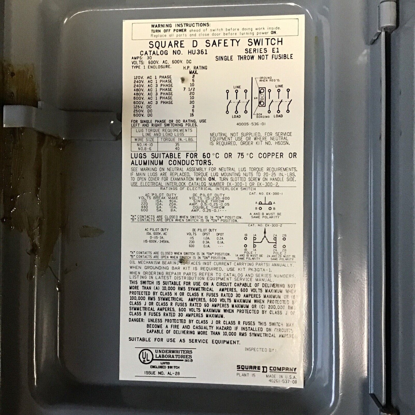 SQUARE D HU361 SAFETY SWITCH SER.E1 30A  NON FUSIBLE 600VAC/VDC 600VAC/VDC 30HP