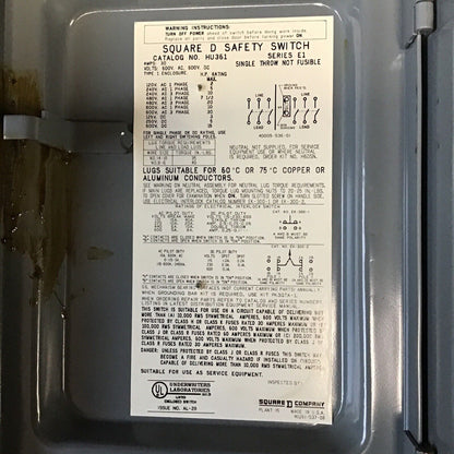SQUARE D HU361 SAFETY SWITCH SER.E1 30A  NON FUSIBLE 600VAC/VDC 600VAC/VDC 30HP