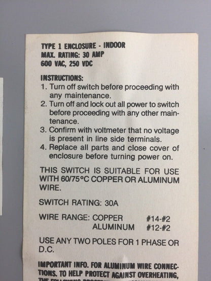 WESTINGHOUSE SDSN6030 DISCONNECT SWITCH 600 VAC 250 VDC 60 AMP 6 POLES